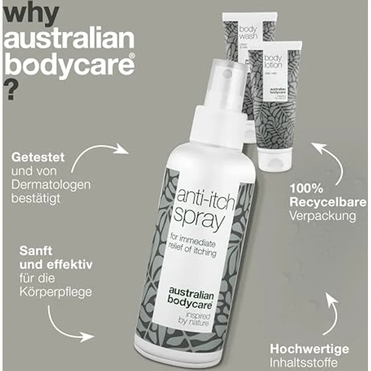 Australian Bodycare 3er-Paket bei Juckreiz am ganzen Körper | Beruhigende Produkte bei gereizter Haut | Pflege bei trockener Haut, Ausschlag und anderen Irritationen | Seife 200 ml, Creme 200 ml und Spray 100 ml – Bild 4
