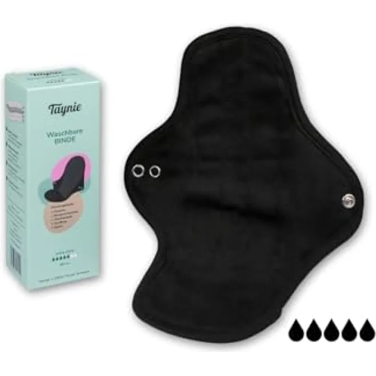 Taynie Waschbare Binde extra stark, Bio-Baumwolle, wiederverwendbare Damenbinden für starke Perioden, 60 ml Saugvolumen, schwarz