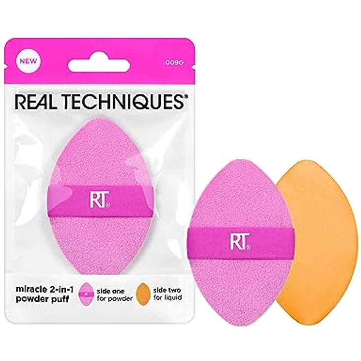 Real Techniques Miracle 2-in-1 Puderquaste, doppelseitiges Make-Up-Blending Puff, wendbares Gummiband, Präzisions-Make-up-Schwamm & Puderquaste, für flüssige, cremefarbene und puderförmige Produkte, 1 – Bild 1