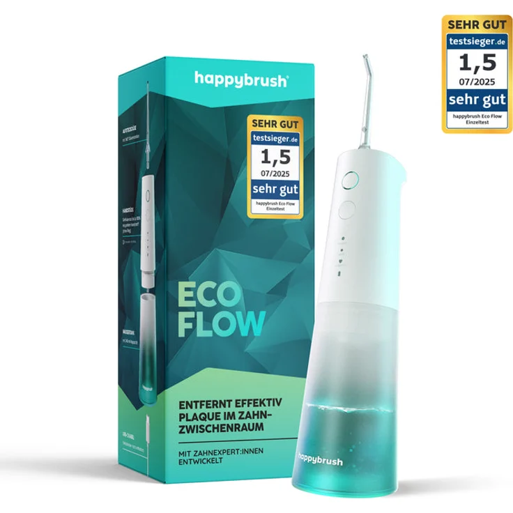 happybrush Flow Munddusche mit 360° Düse, 120 PSI Wasserdruck, 3 Modi & 3 Wochen Akkulaufzeit für gründliche Zahnpflege