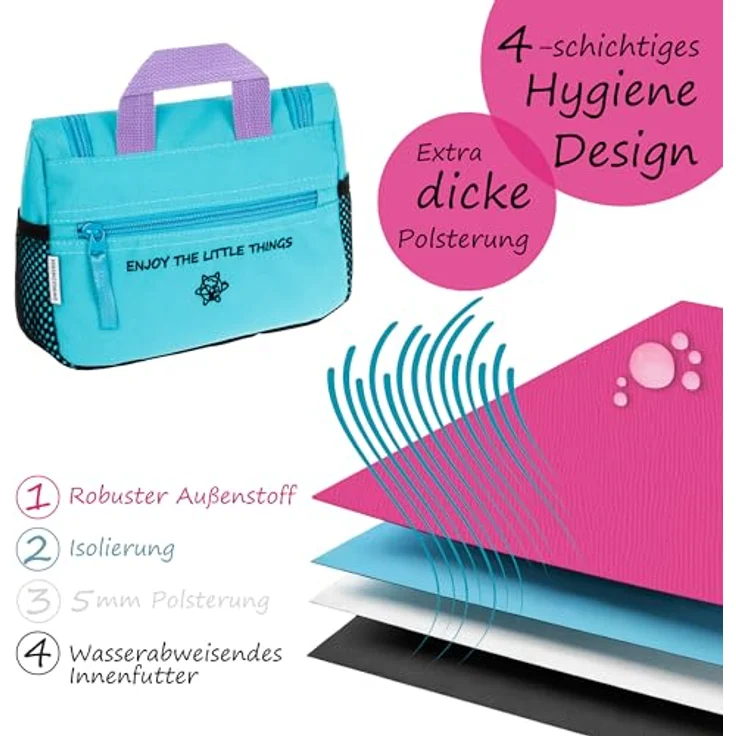 GRINSEZWERGE Kinder Kulturtasche, Reise Kulturbeutel zum Aufhängen mit großem Hauptfach, 3 Reißverschlusstaschen und 4 Netztaschen, robuster Metallhaken, inkl. Namensschild und abnehmbarem Spiegel – Bild 5