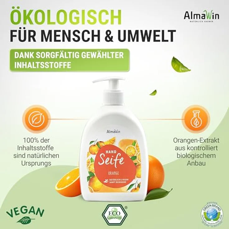 AlmaWin® Handseife flüssig mit Orangen-Duft [500ml] - Vegane Flüssigseife für sanfte Hand- und Körperpflege - Praktischer Spender - Hautmild und natürlich – Bild 4