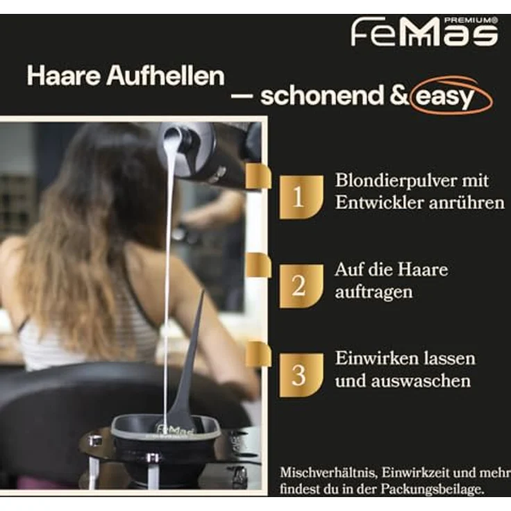 FemMas Blondierpulver weiß 500g, Blondierungspulver mit Plex-Technologie & Arganöl, staubfrei, für Aufhellungen von 2-7 Nuancen – Bild 5