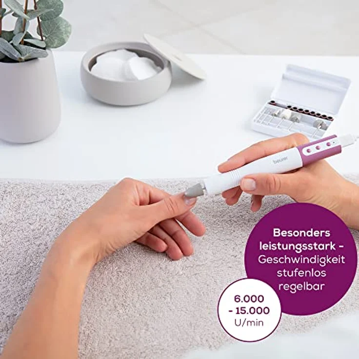 Beurer MP 52 Maniküreset, elektrisches Maniküregerät für präzises Formen und Feilen der Nägel, besonders leistungsstarker Nagelfräser, bis zu 15.000 U/min, 7 hochwertige Aufsätze, für Hände und Füße – Bild 2