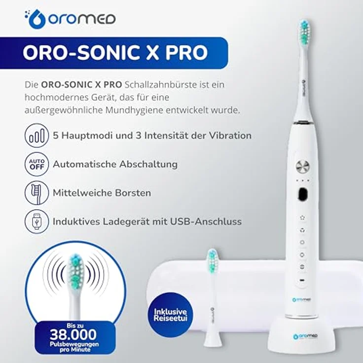 OROMED ORO-SONIC X PRO Elektrische Zahnbürste Schallzahnbürste 5 Modi Timer Etui, weiß – Bild 3