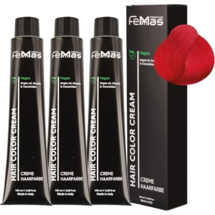FemMas Haarfarbe 3x Fantasy Feuerrot, Creme Haarfarbe mit Arganöl, Keratin & Ceramiden für dauerhafte Färbung, 100 ml – Bild 1