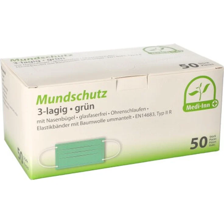 50 ''Medi-Inn'' Mundschutz Type IIR, 3-lagig 9 cm x 17,5 cm grün Nasenbügel, m... – Bild 1