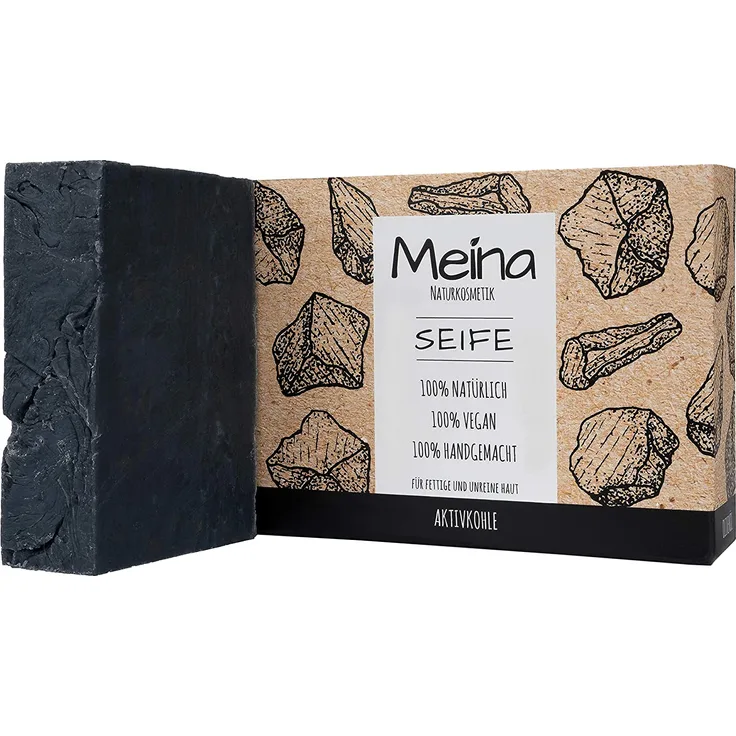 Meina Naturkosmetik Schwarze Seife mit Aktivkohle (1 x 100 g) Palmölfrei, Natürlich, Vegan, Handgemacht, Bio Naturseife Körperpflege und Gesichtspflege S-10010 für Alle Hauttypen geeignet