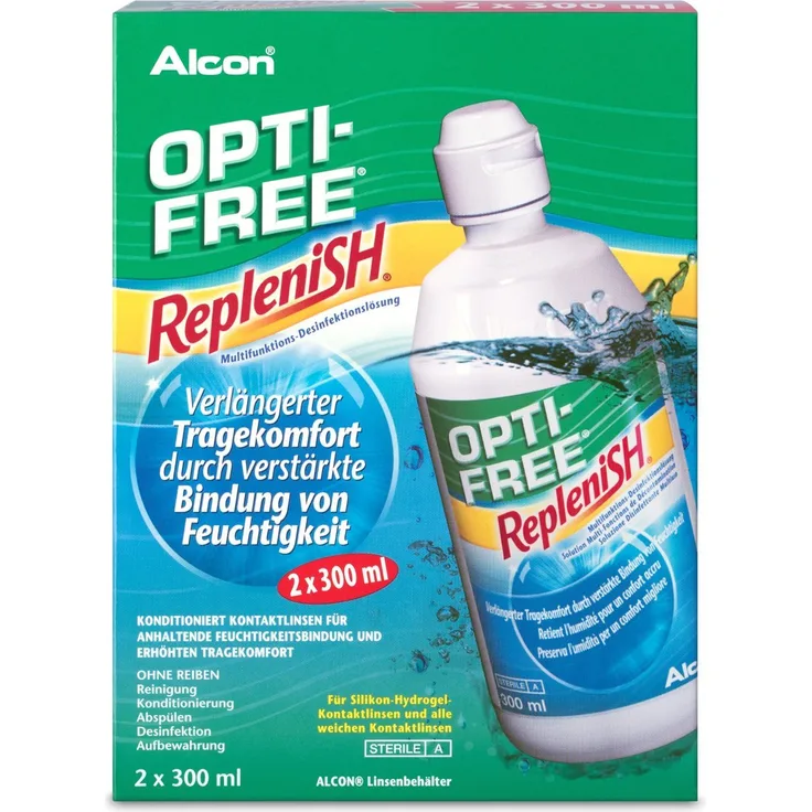 Opti Free Replenish Kontaktlinsen-Pflegemittel, Vorratspackung 2 x 300 ml All-in-One-Lösung zur Reinigung, Desinfektion & Aufbewahrung
