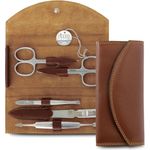 Nippes Classic Maniküre-Set braun, inkl. Hautschere, Nagelschere, Saphirfeile, Pinzette & Doppelinstrument, aus rostfreiem Stahl, Rindleder-Etui