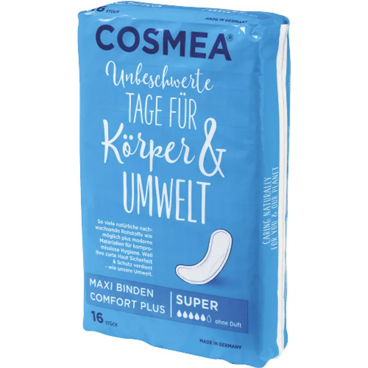COSMEA Maxi Binden Super Seitenauslaufschutz leistungsstarker 3D-Kern atmungsaktive Soft-Oberfläche geeignet für starke Periode 16 Stück