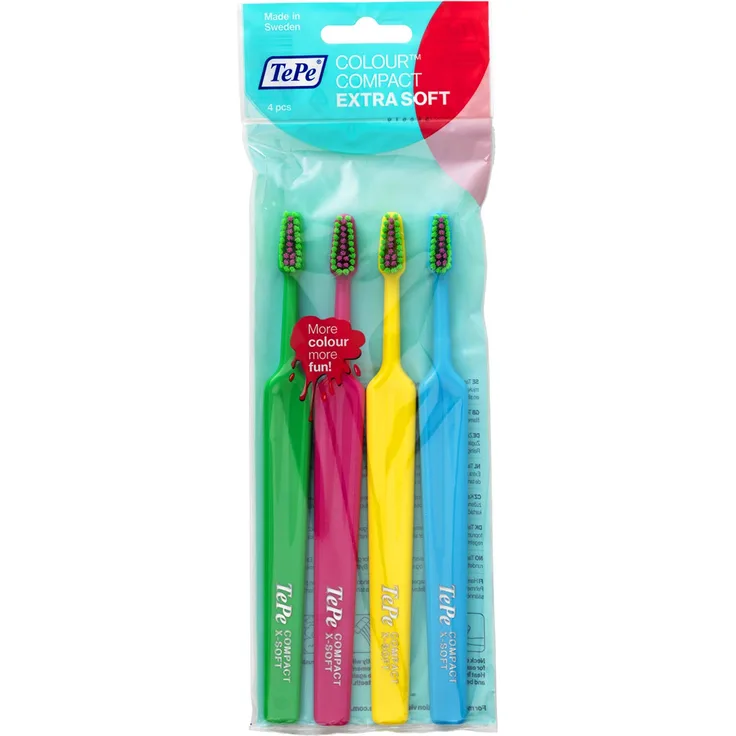 TePe Select Colour Compact X-Soft Zahnbürste Ultraweiche, bunte Borsten in einem kompakten, schmal zulaufenden Bürstenkopf - für Jung & Alt, 1 x 4 Bürsten in verschiedenen Farben 