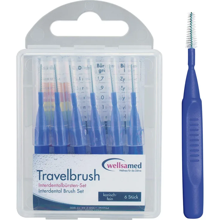 wellsamed TravelBrush Interdentalbürsten 0,6 mm konisch fein, 6 Stück blau