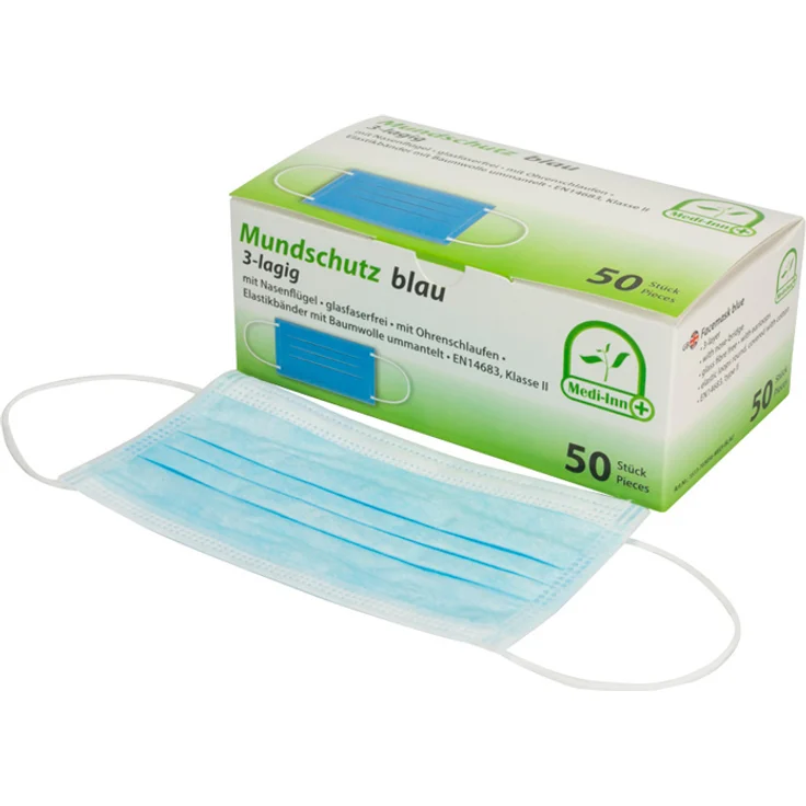 Mundschutz mit Elastikbändern 3-lagig blau 50 Stück – Bild 1