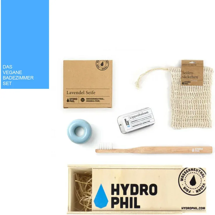 Hydrophil Geschenk-Set Box, vegan, mit Zahnbürsre, Zahnbürstenhalter, Lavendel-Seife, Seifensäckchen & Lippenbalsam