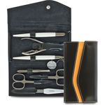 Nippes Seam Maniküre-Set schwarz, inkl. Hautschere, Nagelschere, Saphirfeile, Pinzette, Reiniger, Nagelhautschieber & aus rostfreiem Stahl, Rindleder-Etui