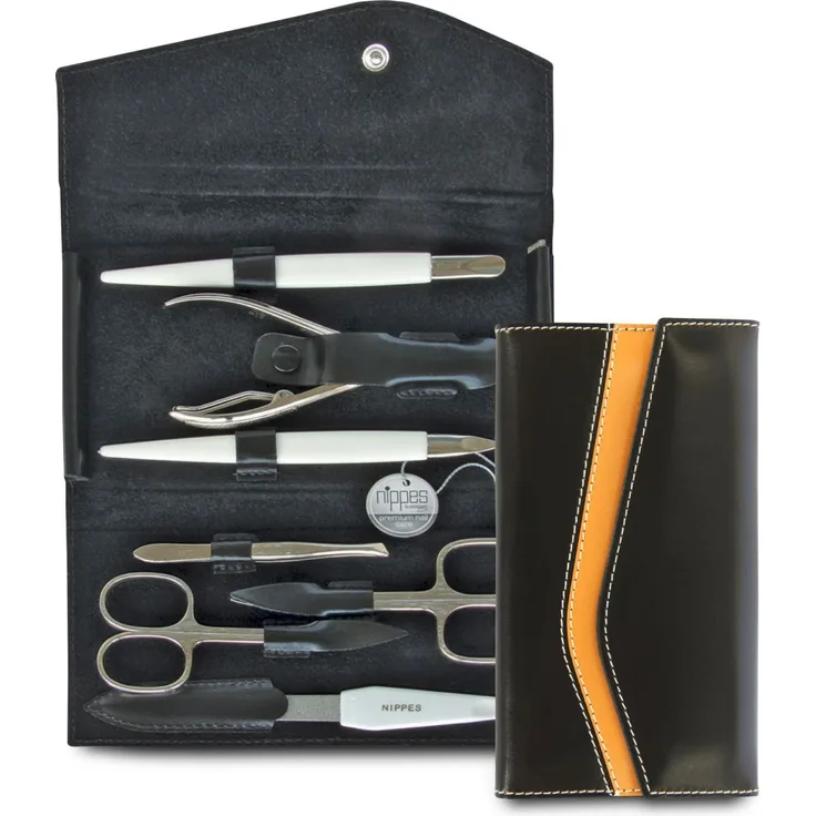 Nippes Seam Maniküre-Set schwarz, inkl. Hautschere, Nagelschere, Saphirfeile, Pinzette, Reiniger, Nagelhautschieber & aus rostfreiem Stahl, Rindleder-Etui