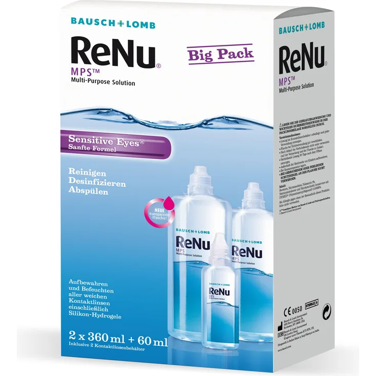Bausch & Lomb ReNu MPS Sensitive Eyes Big Box 2 x 360 ml + 60 ml All-in-One-Lösung für weiche Kontaktlinsen, inkl. Aufbewahrungsbehälter