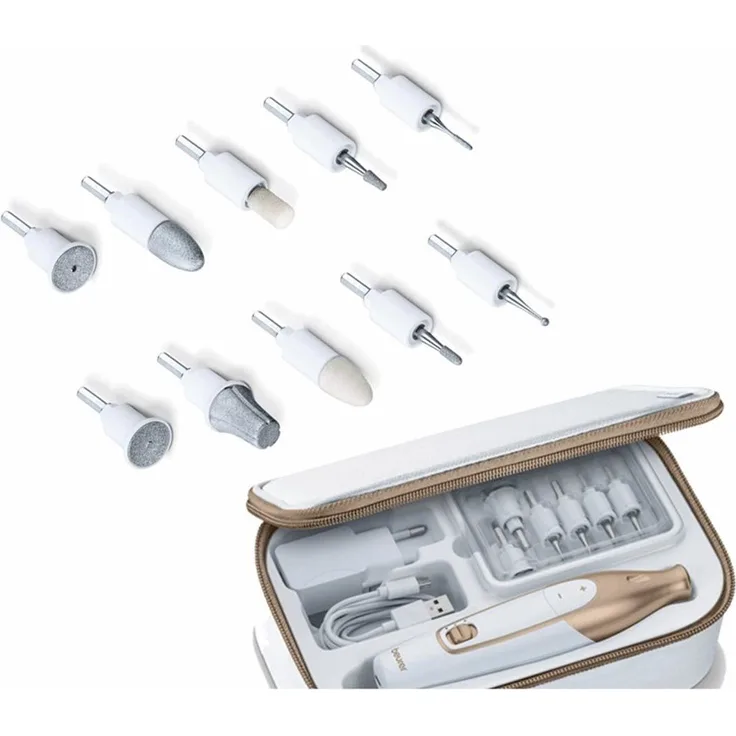 Beurer MP 64 Wiederaufladbares Maniküre-/Pediküre Set Weiß-Gold,, Geschwindigkeitsstufen: 3, Rechts-, Linkslauf, LED-Licht, Drehzahl in U/min: 3.200/3.800/4.400