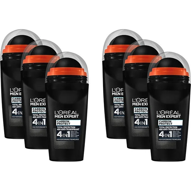 L'Oréal Men Expert Deo Roll-On Carbon Protect 6er Vorratspack 4in1 Schutz beim Sport gegen Schweiß Geruch Bakterien und weiße Rückstände 6 x 50 ml – Bild 1