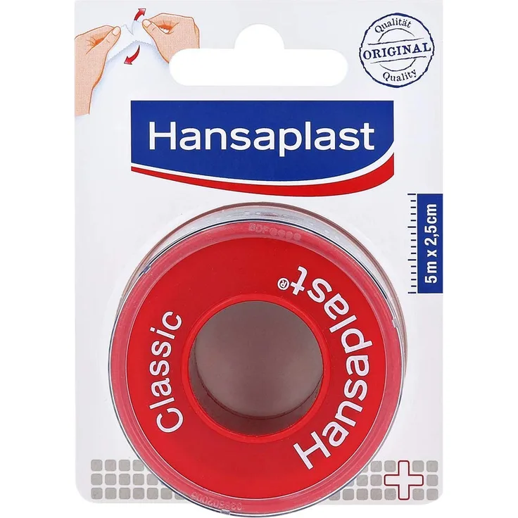 Hansaplast Fixierpflaster Classic 5 m x 2,5 cm, breite Pflaster Rolle zur sicheren Fixierung von Verbänden, leicht abreißbares Tape mit starker Klebkraft