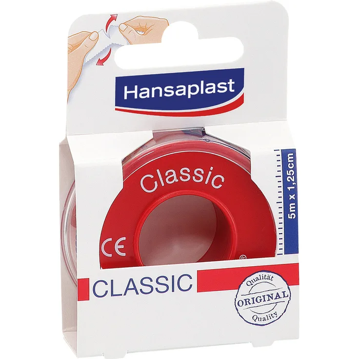 Hansaplast Fixierpflaster Classic 5 m x 1,25 cm, Pflaster Rolle zur sicheren Fixierung von Verbänden, leicht abreißbares Tape mit starker Klebkraft