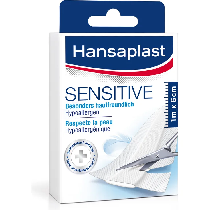 Hansaplast Sensitive Pflaster 1 m x 6 cm, hautfreundliche und hypoallergene Wundpflaster in Meterware, Pflaster mit sicherer Klebkraft, schmerzlos zu entfernen