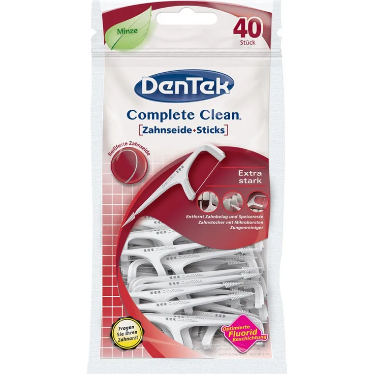 Dentek Complete Clean Zahnseide Sticks - reißfest - Zahnreinigung der Zahnzwischenräume - Minzgeschmack - Fluorid - Zungenschaber - Zahnstocher 1 x 40 Stk. Zahnseide/Flosser
