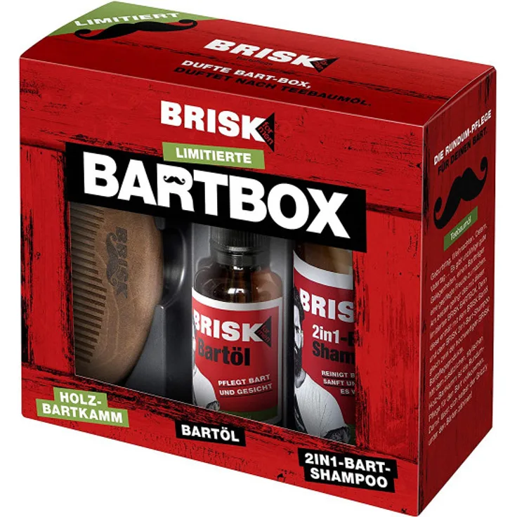 BRISK Geschenkset limited edition Bart-Öl, Bart-Shampoo, stylischer Holzkamm