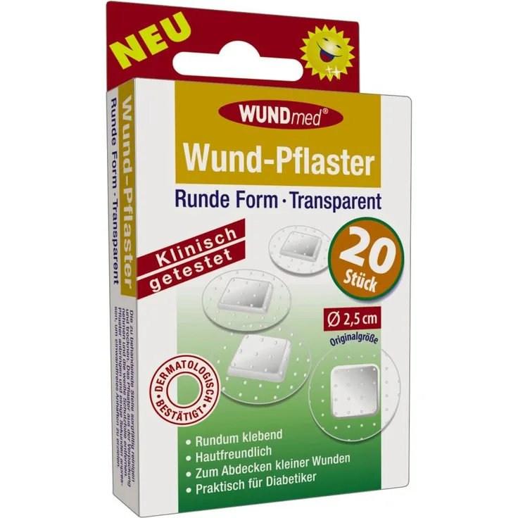Wundmed Pflaster rund transparent 20er-Pack, hautfreundlich, für Schnitt- und Schürfwunden