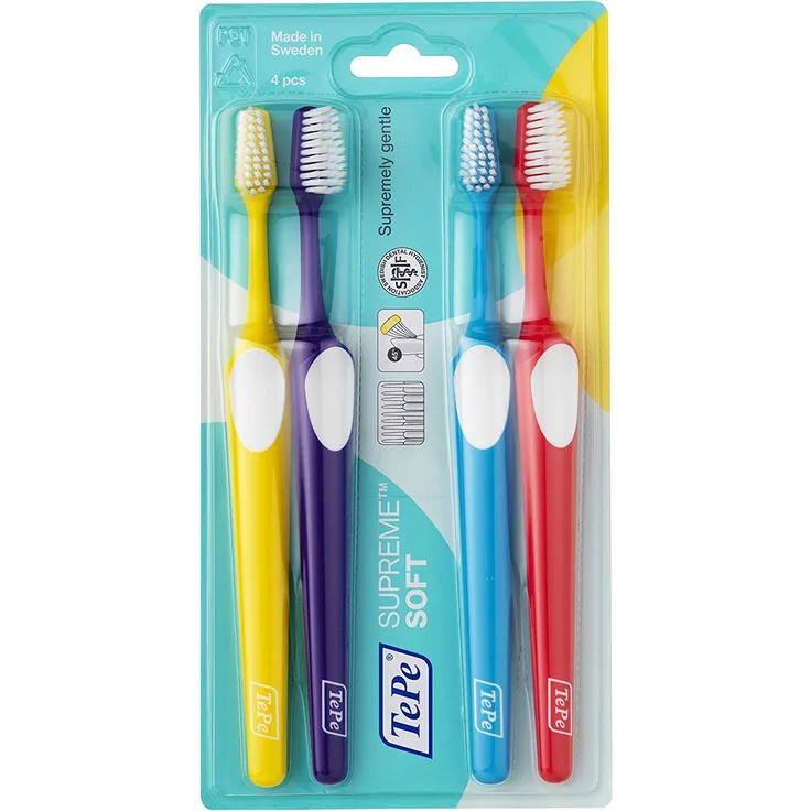 TePe Supreme Zahnbürste Konische Bürsten-Form mit kurzen und langen Borsten für optimale, sanfte Reinigung bis in die Zahnzwischenräume, 1 x 4 Stück in verschiedenen Farben 
