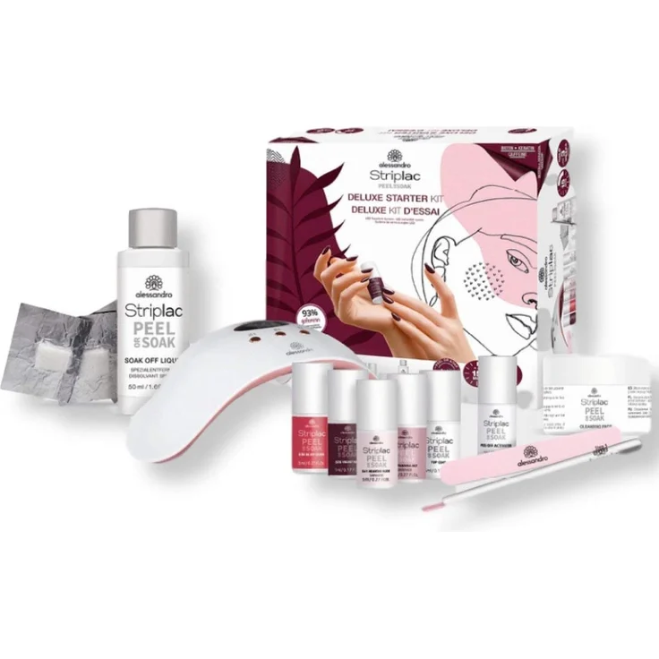 Alessandro Striplac Peel or Soak Deluxe Starter Kit, Nageldesign-Set, 1x LED Lampe, 1x Striplac Peel or Soak 526 Velvet Red 5 ml, 1x Striplac Peel or Soak 639 Be My Lover 5 ml, 1x Striplac Peel or Soak 640, Panama Hut Shimmer 5 ml 1x Striplac Peel or Soak – Bild 2