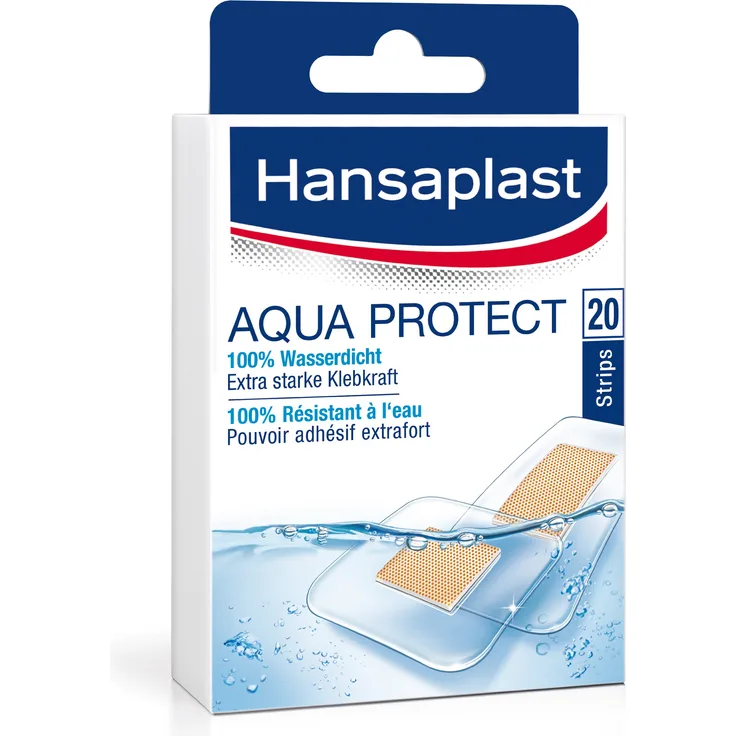 Hansaplast Aqua Protect wasserdichte Pflaster, Wundpflaster mit extra starker Klebkraft, Heftpflaster ideal zum Duschen und Schwimmen, 1 x 20 Strips