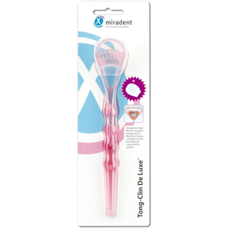 Miradent Zungenreiniger Tong-Clin de L.pink trans. 1 Stück, Effektiv durch kurzes Borstenfeld sowie Konkav-Schaber
