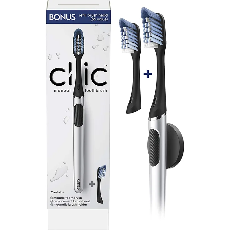 Oral-B Clic Handzahnbürste mit zwei Aufsteck-Bürsten & Magnethalterung, chrom/schwarz