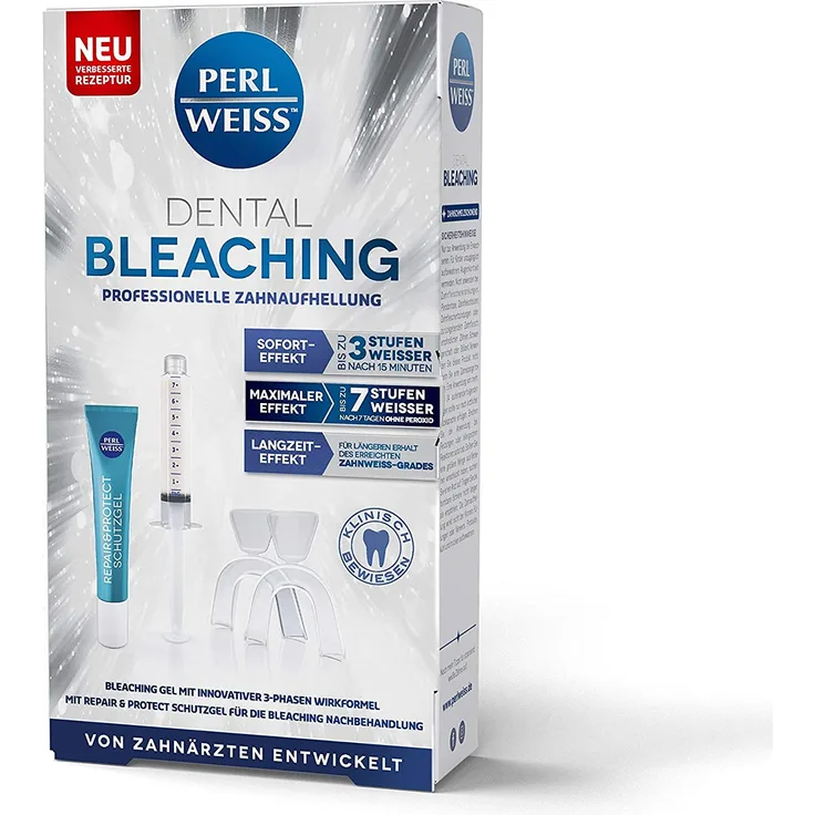 Perlweiss Dental Bleaching Professionelle Zahnaufhellung, Set mit Bleaching-Gel, Schienen und Schutz-Gel, für 7 Anwendungen