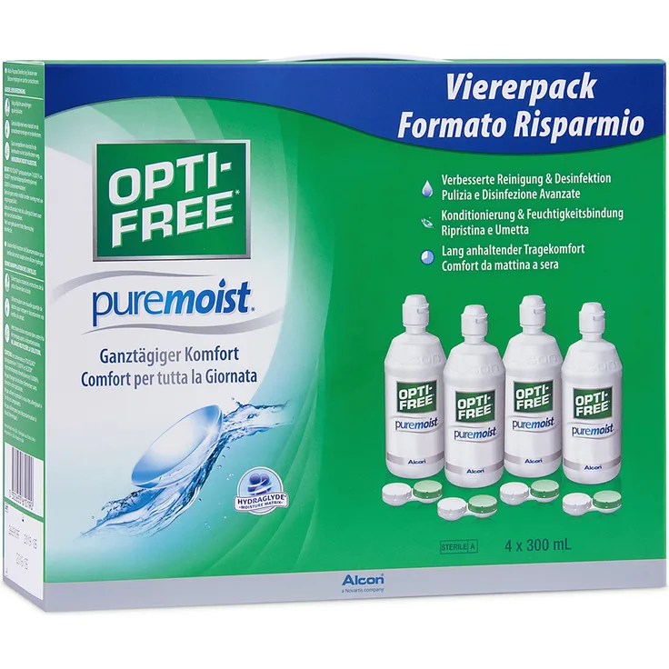 Alcon Opti-Free Puremoist 4 x 300 ml All-in-One-Lösung für weiche Kontaktlinsen, inkl. 4 Aufbewahrungsbehälter