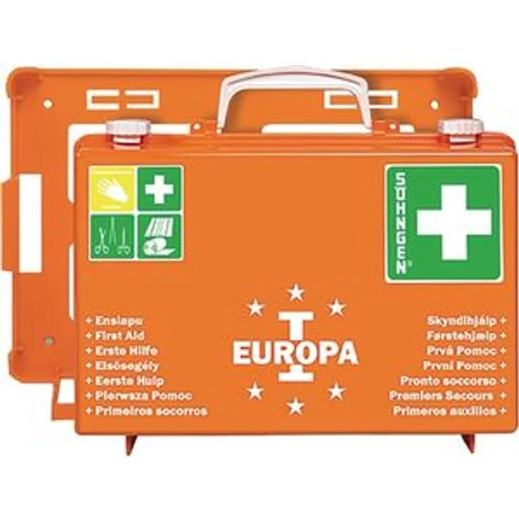Söhngen Erste-Hilfe-Koffer Europa I gefüllt (mit Wandhalterung, Füllung nach DIN 13157, mit aluderm Verbandspäckchen, Kompressen, Rettungsdecke) orange, 03001356