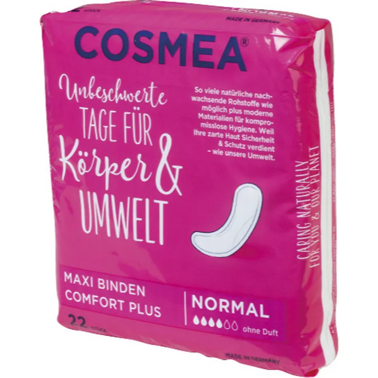 COSMEA Maxi Binden Normal Seitenauslaufschutz leistungsstarker 3D-Kern atmungsaktive Soft-Oberfläche geeignet für mittlere Periode 22 Stück