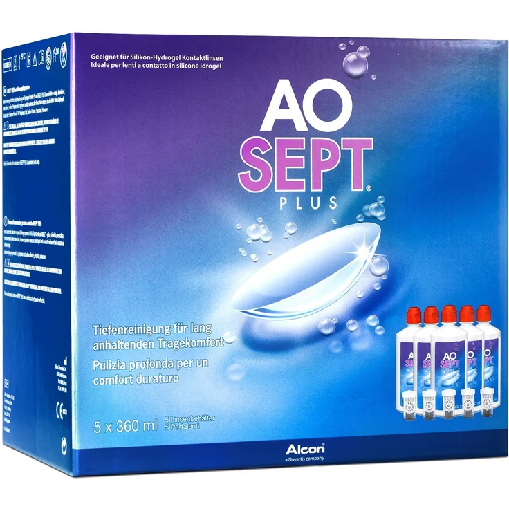Alcon Aosept Plus Sparpack 5 x 360 ml All-in-One-Lösung für weiche & harte Kontaktlinsen, inkl. 5 Aufbewahrungsbehälter – Bild 1