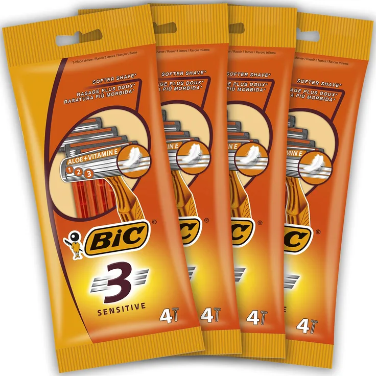 BIC 3 Sensitive Herren Nassrasierer Set, 3 Klingen Einwegrasierer Set mit 16 Rasierern