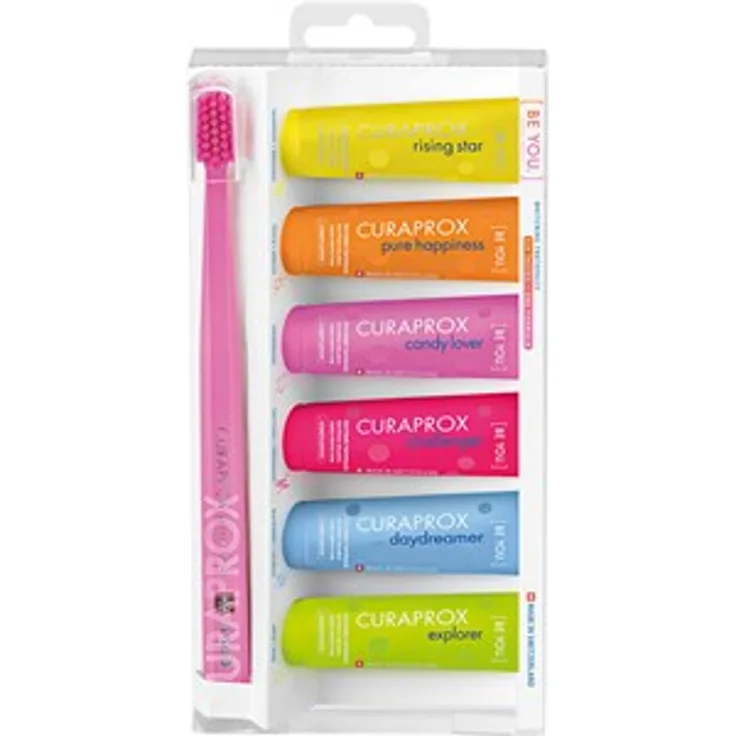 Curaprox Zahnpflege-Set mit Zahnpasta Be You Mixed Set Rising Star 10 ml + Pure Happiness 10 ml + Candy Lover 10 ml + Challenger 10 ml + Daydreamer 10 ml + Explorer 10 ml + Zahnbürste CS 5460 Ultra Soft Rot 1 Stk.