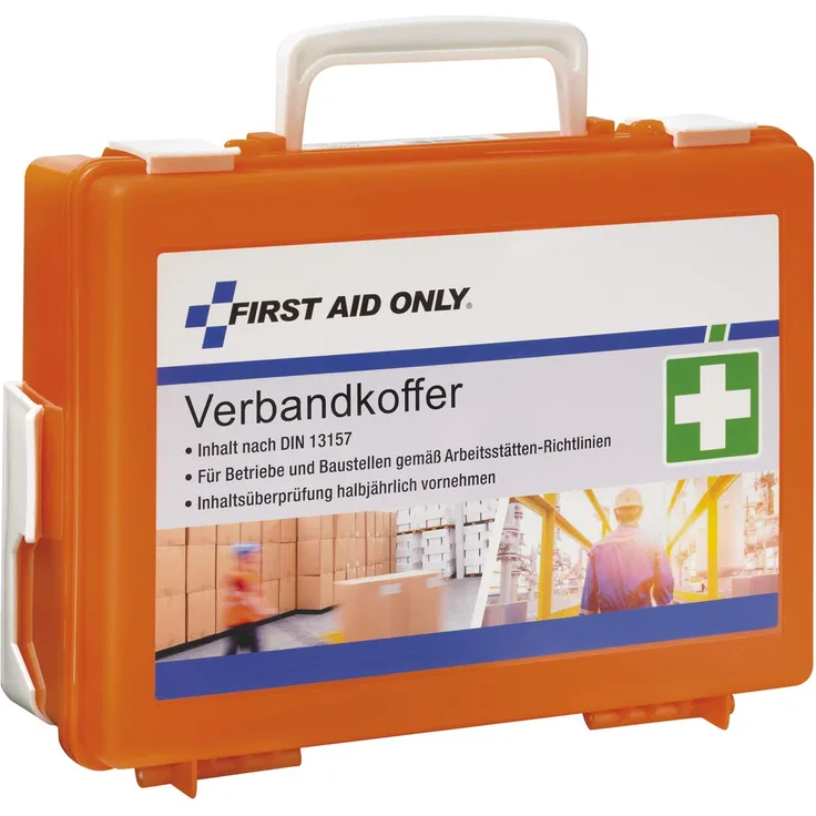 First Aid Only Verbandkoffer mit Griff, DIN 13157, inklusive Trennscheiben, Wandhalterung, Schrauben und Dübeln, orange, P-10020