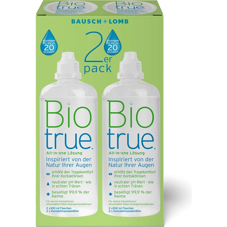 Biotrue Pflegemittel für weiche Kontaktlinsen, Multipack 2 x 300 ml All-in-One-Lösung zur Reinigung, Desinfektion & Aufbewahrung – Bild 1