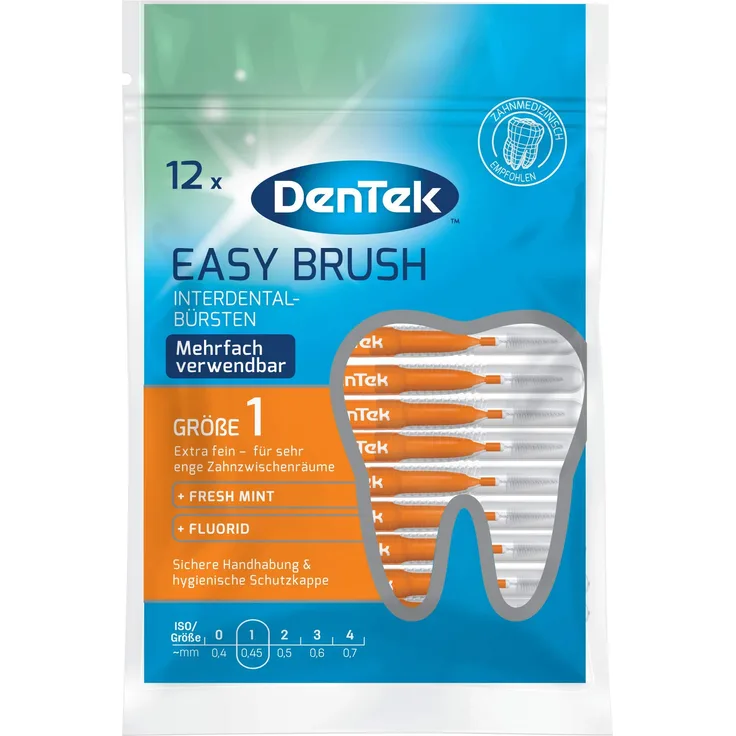 DenTek 12 Stk. Dentek Easy Brush Interdental-Bürsten, ISO/Größe 1, extra fein - für sehr enge Zahnzwischenräume, mit Minzgeschmack & hygienischer Schutzkappe