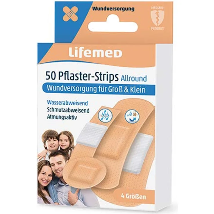 Lifemed - Praktische Grosspackung 50 Pflaster-Strips hautfarben Allround 4 Größen - wasserabweisend, 4er Pack (4 x 1 Stück)