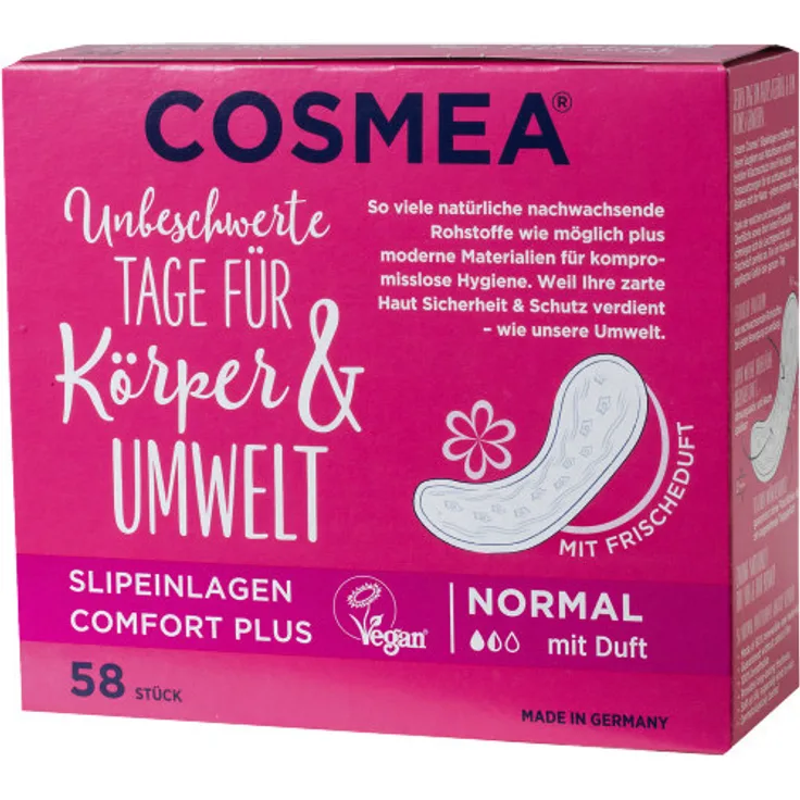 COSMEA Slipeinlagen Comfort Plus Normal mit Frischeduft Damenbinden lange Körperform-Slipeinlagen für optimalen Schutz 58 Stück