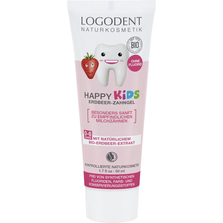 Logona Logodent Happy Kids Erdbeer Zahngel 50 ml, für saubere Zähne & frischen Atem