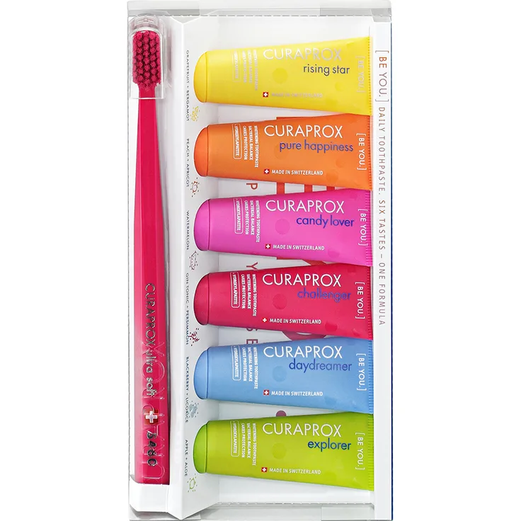 CURAPROX BE YOU Zahnpasta mit Geschmack und Zahnbürste Ultra Soft CS 5460 Probierset 6 fruchtig frische Geschmacksrichtungen vegan 60ml Zahnpflege-Set