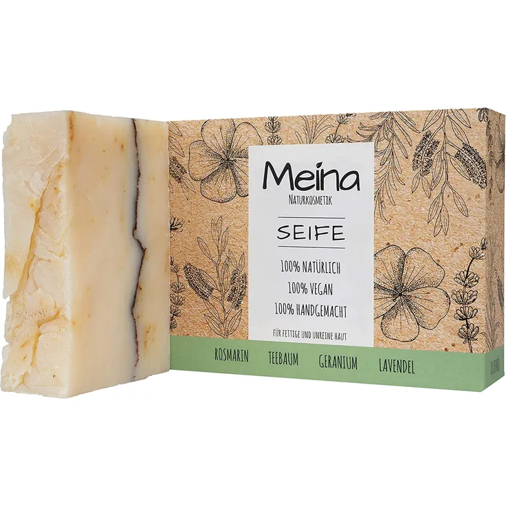 Meina Naturkosmetik Seife mit Rosmarin, Teebaum, Geranium und Lavendel (1 x 100 g) Palmölfrei, Natürlich, Vegan, Handgemacht, Bio Naturseife Körperpflege und Gesichtspflege S-1001 für Alle Hauttypen geeignet
